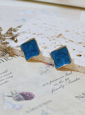 法式小众设计感蓝色耳钉复古几何女银耳针方型大牌耳环独特耳饰品