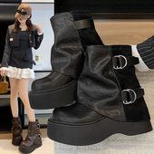 欧货松糕厚底褶皱堆堆靴女2025秋新小个子增高显瘦百搭库管女短靴