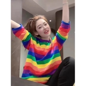 纯棉亲子装 彩虹条纹长袖 t恤学生班服表演校运会家庭出游打底上衣