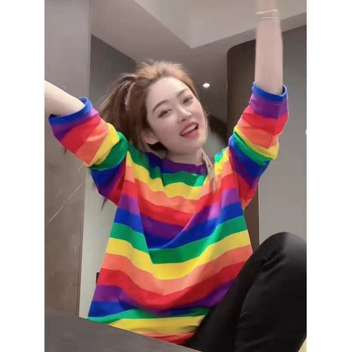 亲子装彩虹条纹长袖t恤家庭上衣