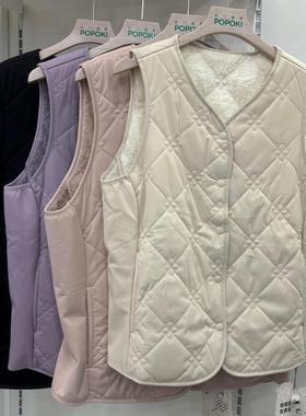 POPOKI6022绵羊毛小羊绒极暖马甲女短款菱格纹保暖背心外穿坎肩女