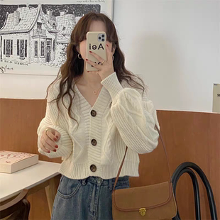 慵懒风复古毛衣女秋冬宽松设计感小众短款v领针织开衫外套小个子