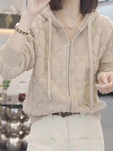 高级感拉链连帽针织外套女时尚气质2024春秋新款加厚短款毛衣开衫