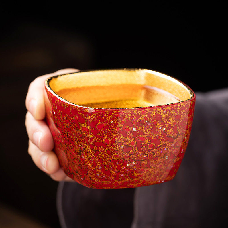 茶杯漆器大漆茶具主人杯鎏金四方杯泡茶杯子手工自用防烫高端陶瓷