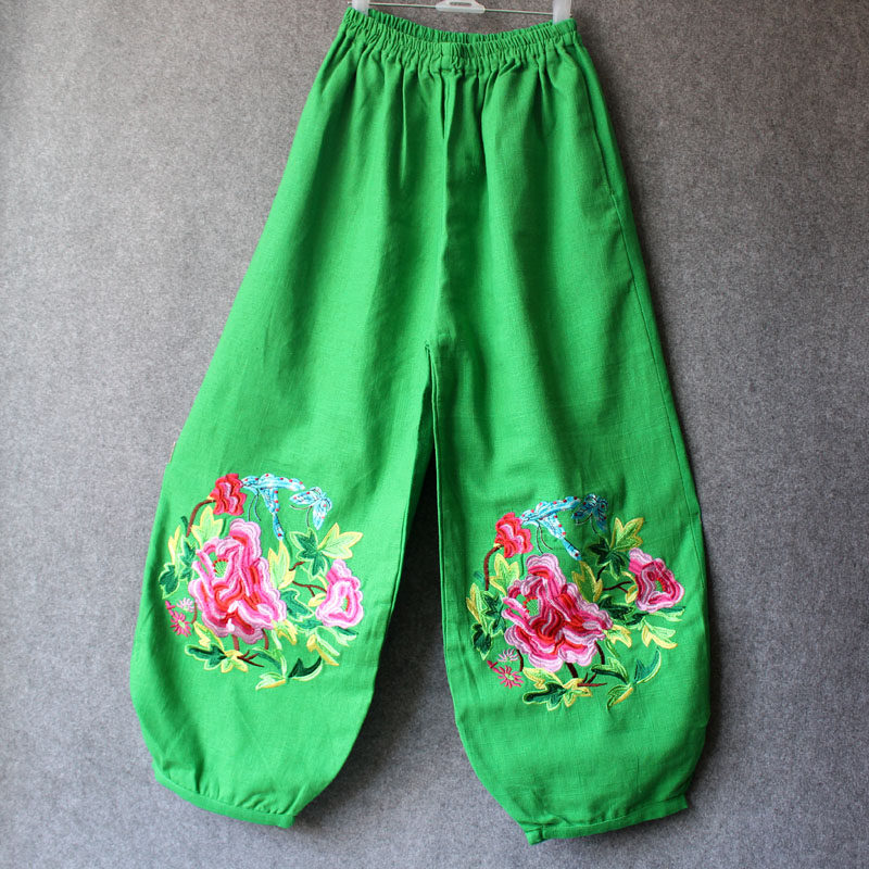 包邮民族风棉麻刺绣灯笼阔腿裤女式深裆大码松紧宽松绣花裤子跳舞