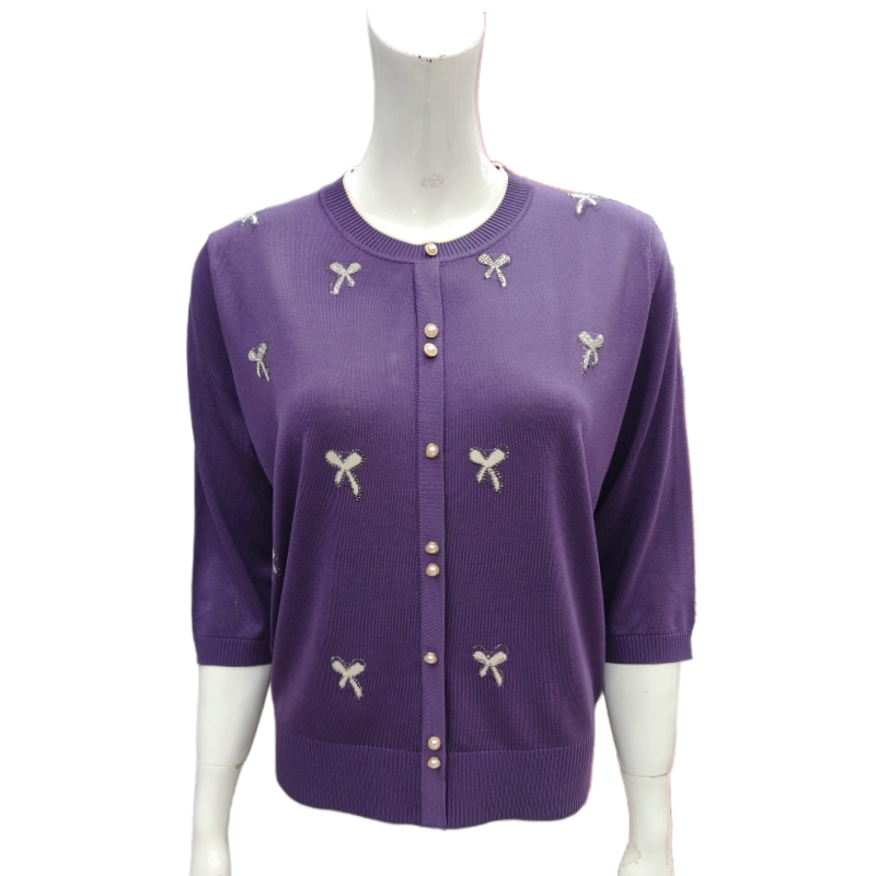 2026春夏新款蝴蝶结刺绣圆领针织套头女士宽松百搭冰丝七分袖上衣