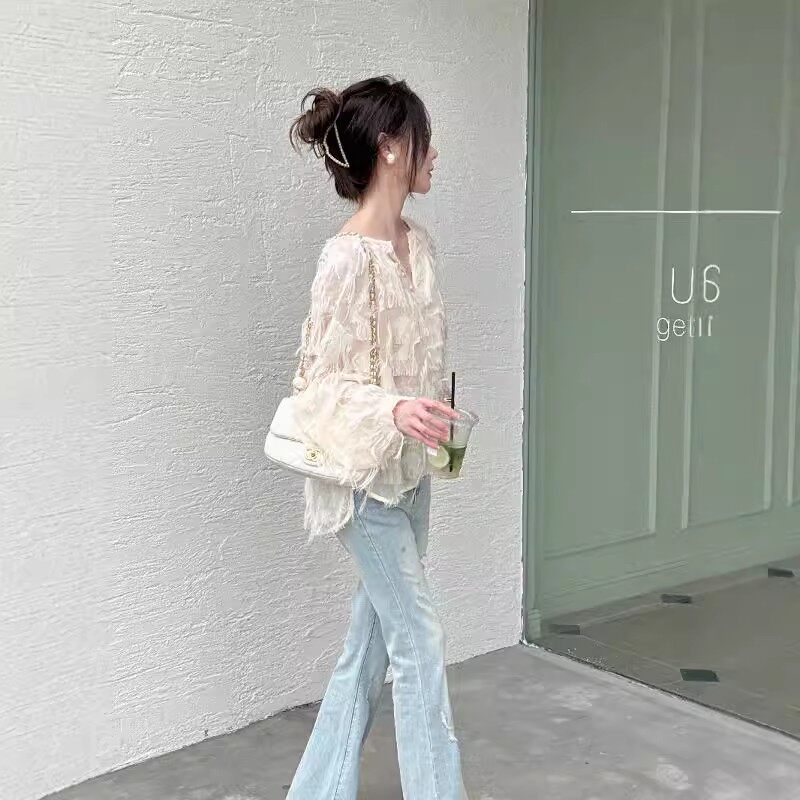 溪时XIMANER24早秋轻奢浪漫宽松显瘦碎花羽毛流苏拼接珍珠V领上衣