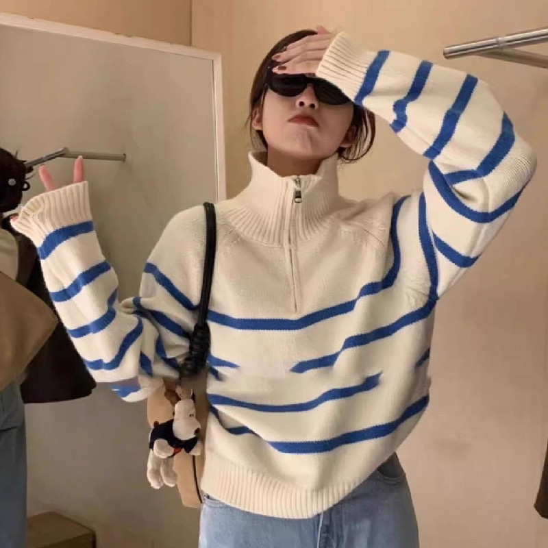 秋冬毛衣女学生韩系宽松显瘦半拉链套头立领条纹慵懒风针织衫上衣