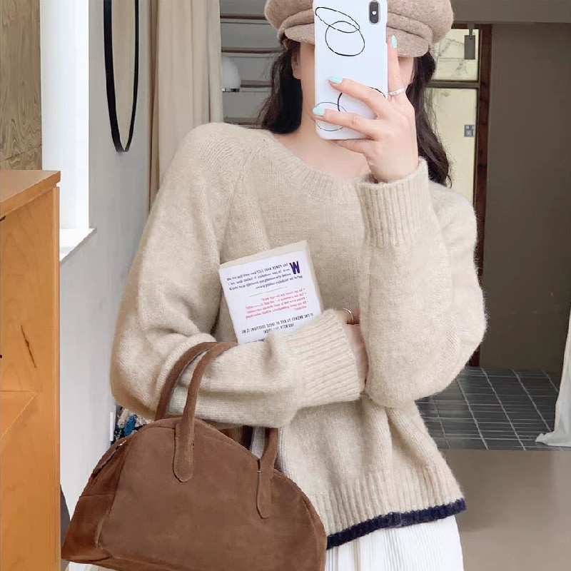 秋冬新款毛衣女学生韩系慵懒风软糯圆领宽松高级感套头针织衫上衣