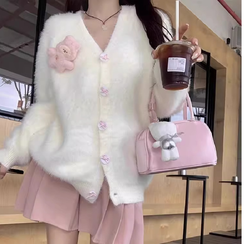 仿貂爆款针织衫女装秋冬季立体兔子仿水貂绒V领毛衣开衫上衣服女