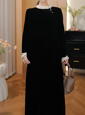 【DuShang】白色木耳边~秋冬高级感减龄桑蚕丝丝绒连衣裙DS1677