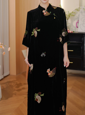 【DuShang】2025新款高贵华丽气质秋季桑蚕丝丝绒连衣裙DS1679