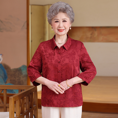 真丝缎中国风红七分袖妈妈衬衫