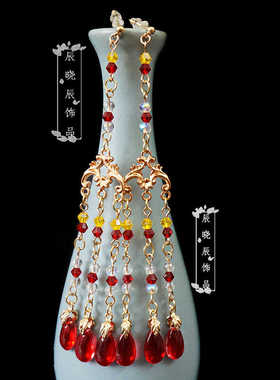 cxc005汉服长流苏耳环古风耳饰女红色无耳洞耳夹耳钉复古宫廷配饰