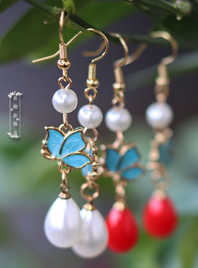 cxc27蓝色耳环滴油蝴蝶流苏仿珍珠耳坠女宋风耳夹新中式古典耳饰