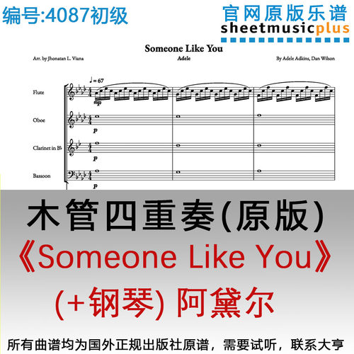 木管四重奏4087初级《Someone Like You》(+钢琴) 阿黛尔