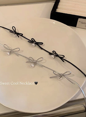 韩系皮质蝴蝶结珍珠吊坠项链choker个性气质百搭吊坠锁骨链颈链女