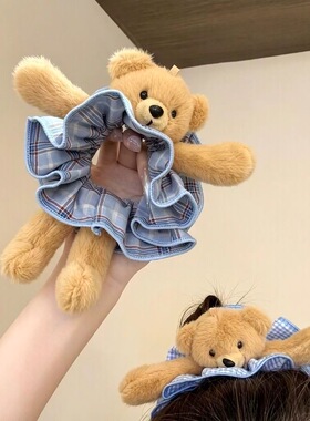 格纹小熊大肠发圈可爱毛绒女生丸子头发绳通勤高马尾发圈百搭发饰