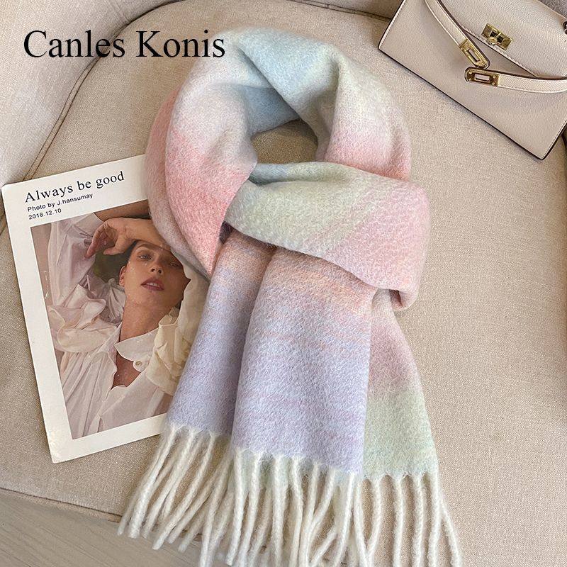 冬季围巾绵羊毛混纺高级感百搭加厚条纹渐变围巾糖果色流苏披肩