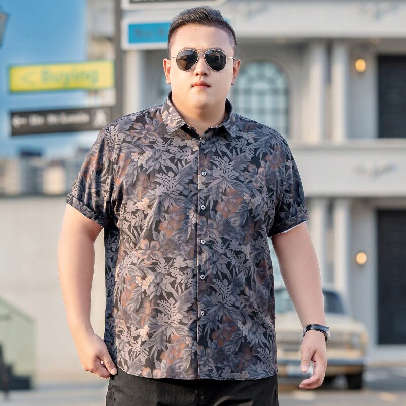 肥佬宽松薄款短袖花衬衣夏季新款加肥加大码胖子衬衫男式休闲寸衫