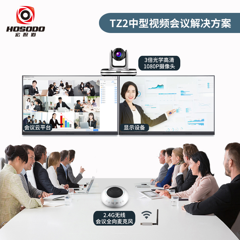 中型视频会议室解决方案 适用20-40㎡宏视道（HOSODO）会议摄像机/摄像头/无线全向麦克风终端套装HSD-TZ2