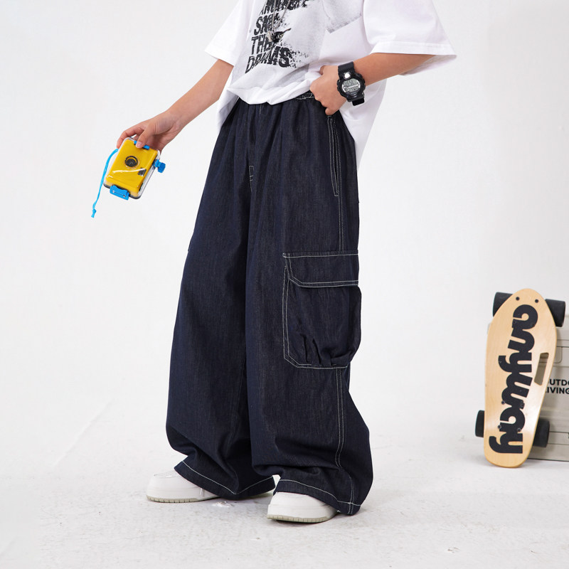 男童春夏冰丝阔腿工装软牛仔防蚊裤2026新款儿童男孩宽松薄款裤子