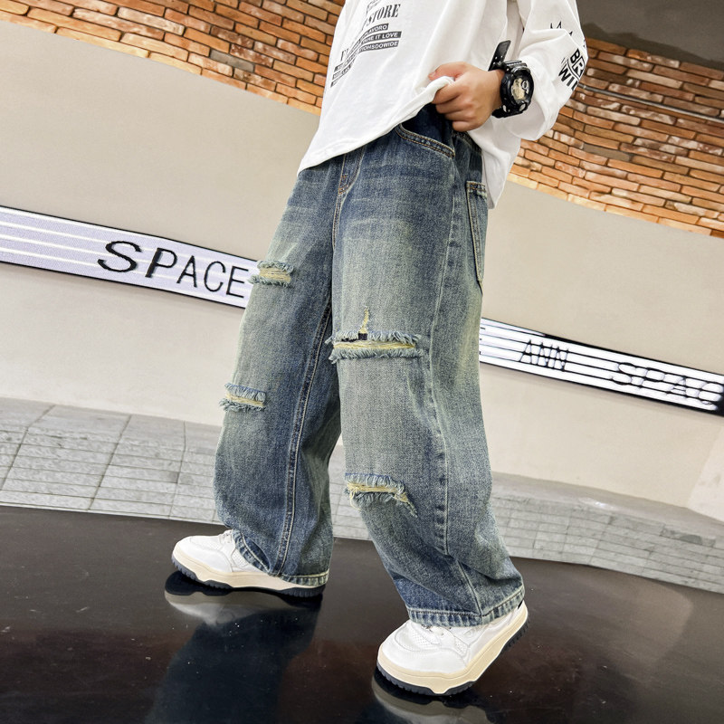 男童直筒破洞牛仔裤春秋款2026新款儿童春装潮牌裤子大童春季长裤