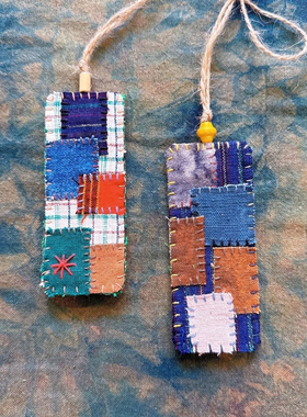 老土布手工植物染布艺书签复古简约褴褛风补丁书签diy手缝文艺