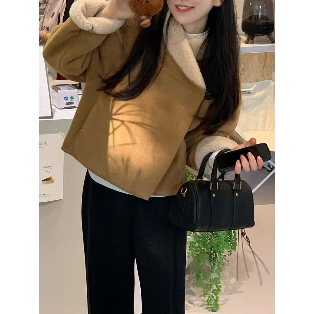 韩系复古减龄娃娃领斜扣加绒加厚皮毛一体小个子休闲保暖夹克外套