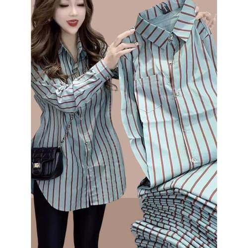 女士衬衫2025春秋新款设计感上衣时尚洋气胖mm遮肚子长袖条纹衬衣