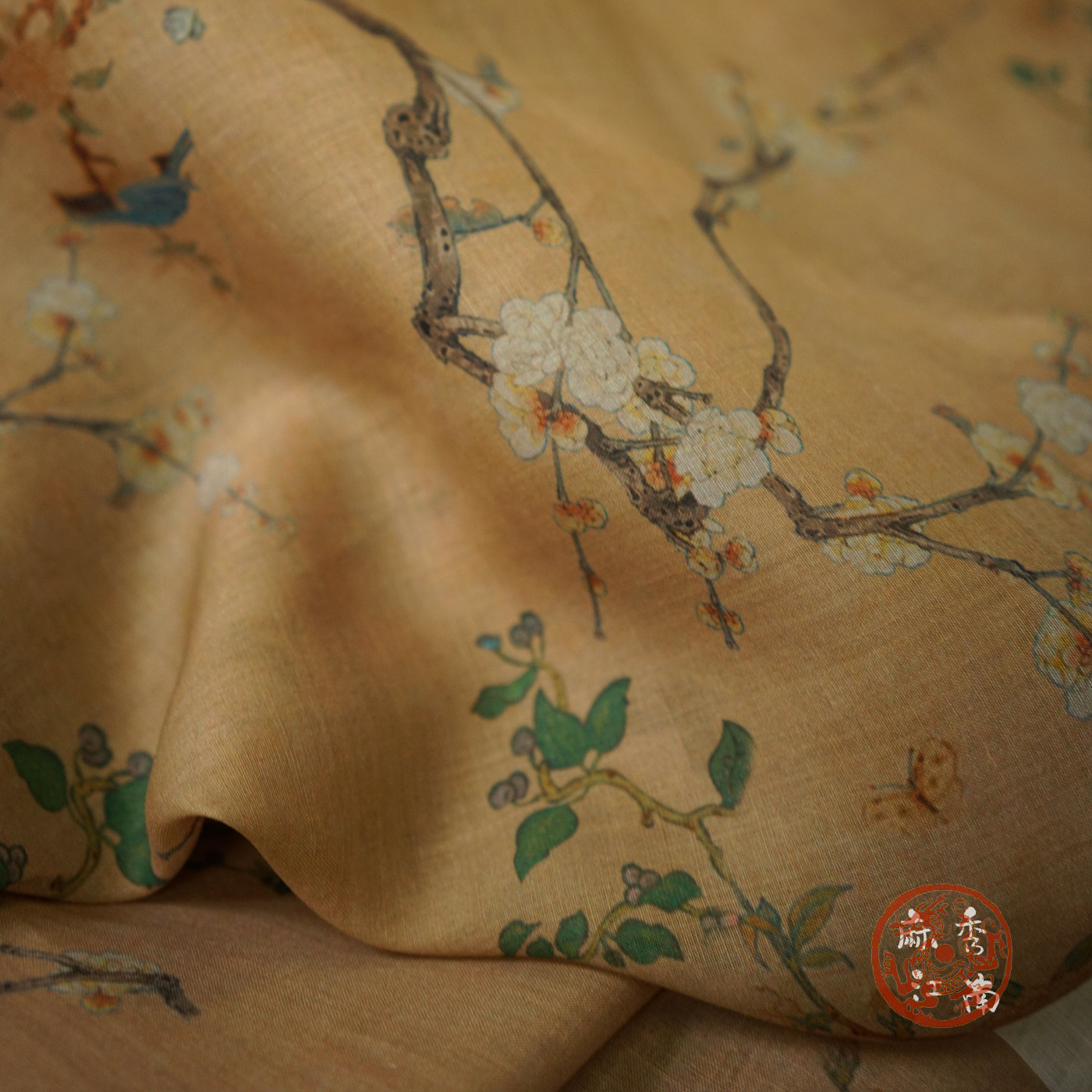 【寒梅】高端原创设计印花纯苎麻面料汉服连衣裙旗袍布料高支高密