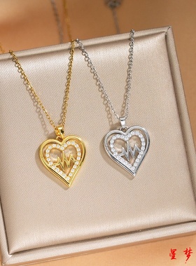 不掉色18K满钻心电图爱心项链女时尚轻奢高级感锁骨链大号毛衣链