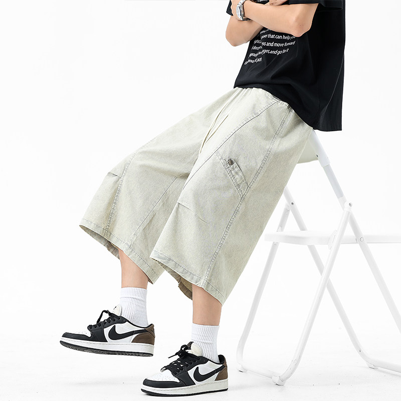 美式复古天丝牛仔男七分宽松裤