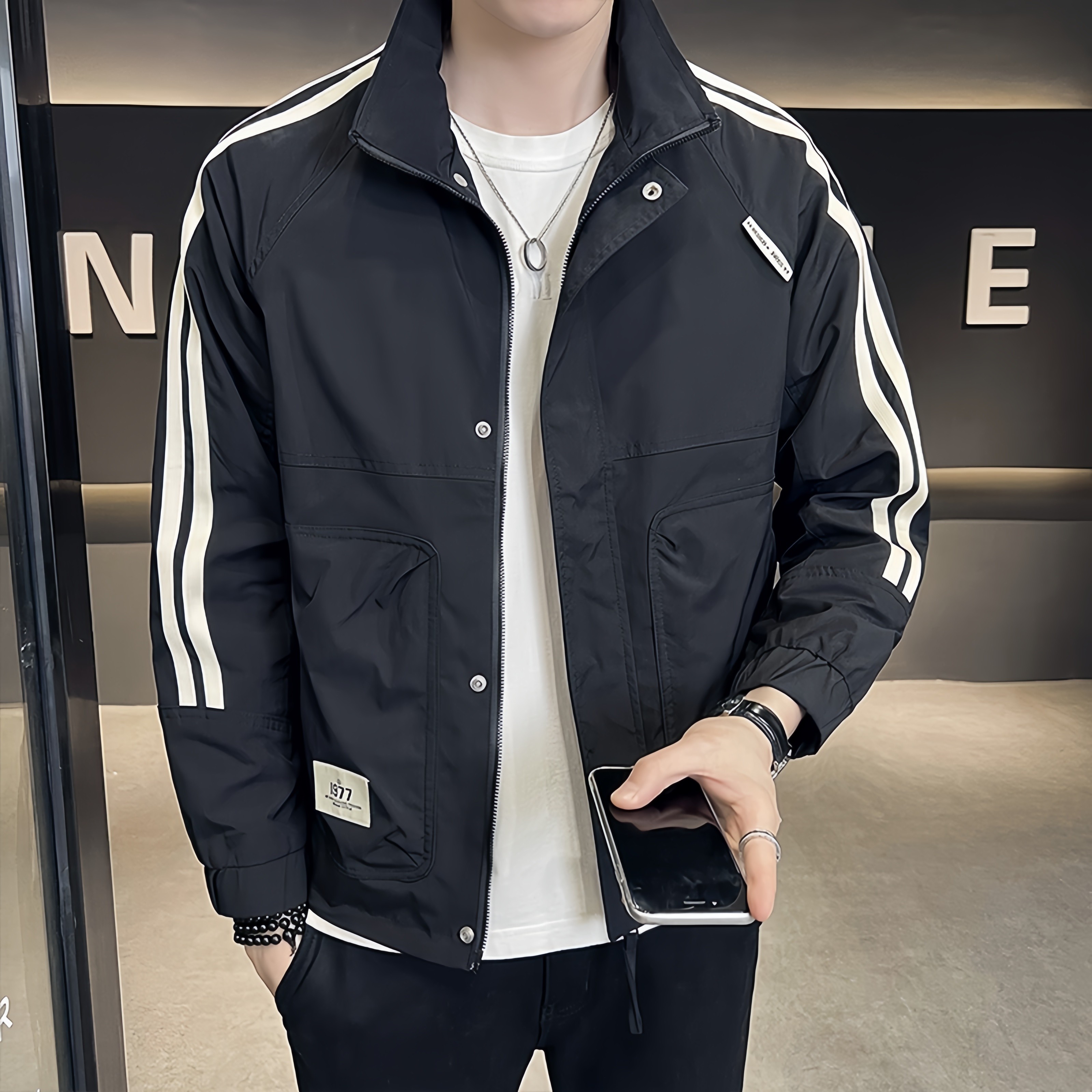 轻奢外套男春秋款潮流2025新款立领条纹衣服痞帅加厚衣服夹克男潮,男装,夹克,淘宝优惠券,粉丝福利购,淘宝优惠卷