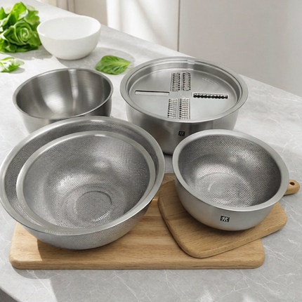 双立人不锈钢沥水篮多用盆刨丝盆擦丝淘米洗菜多功能厨房7件套