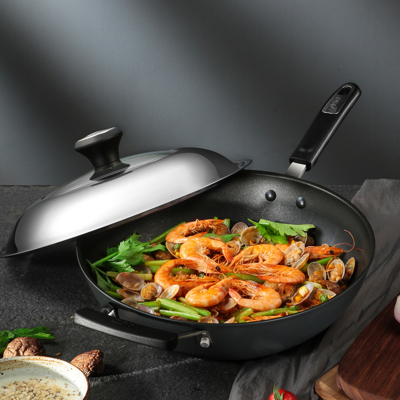 爱仕达CL32Y5WT-C炒锅32cm耐用燃气电磁灶通用不粘锅铝合金家用