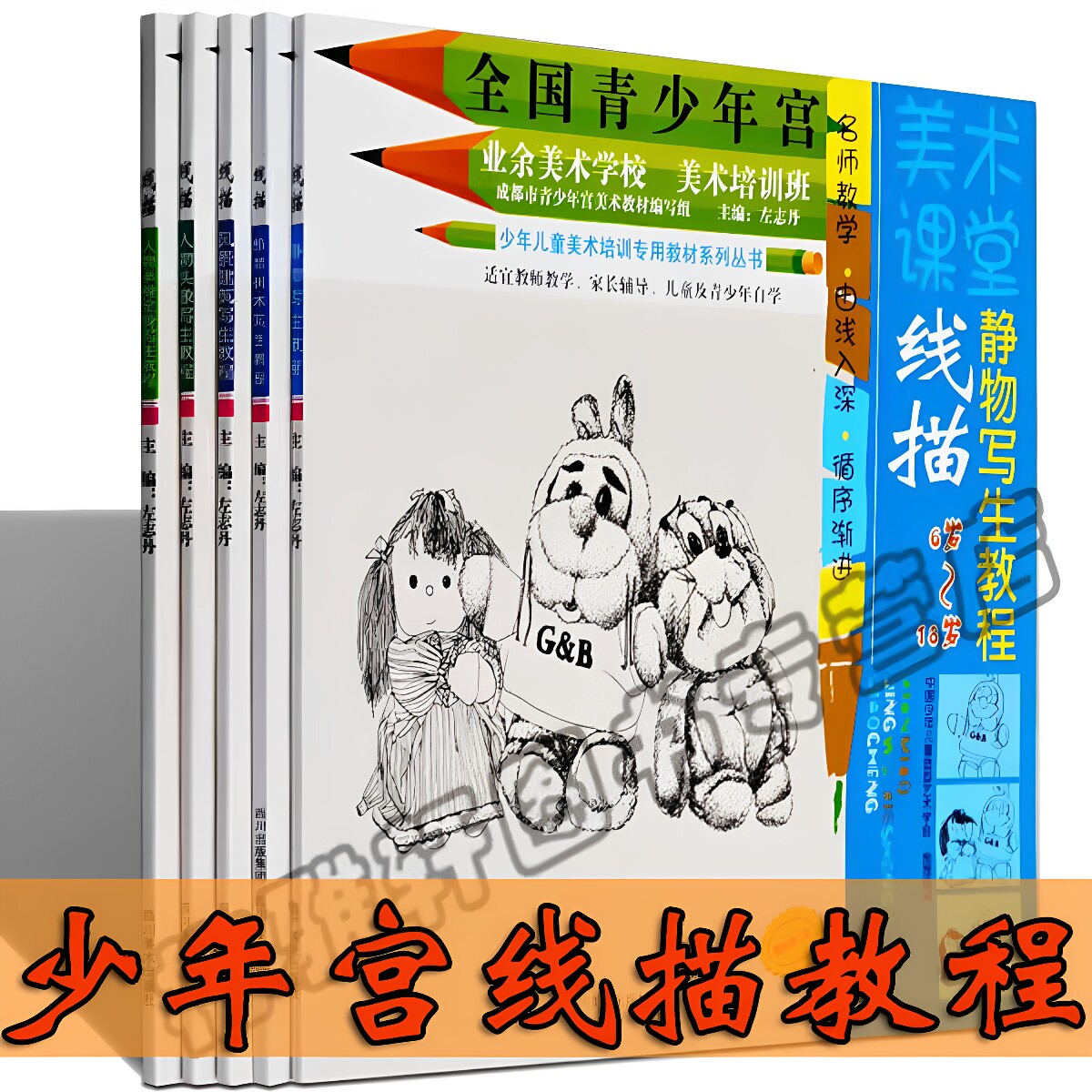 正版儿童线描教程 左志丹 静物写生植物树木风景建筑人物半身头像教程五册全国青少年宫美术基础培训班同步系列教材小学生线描书籍