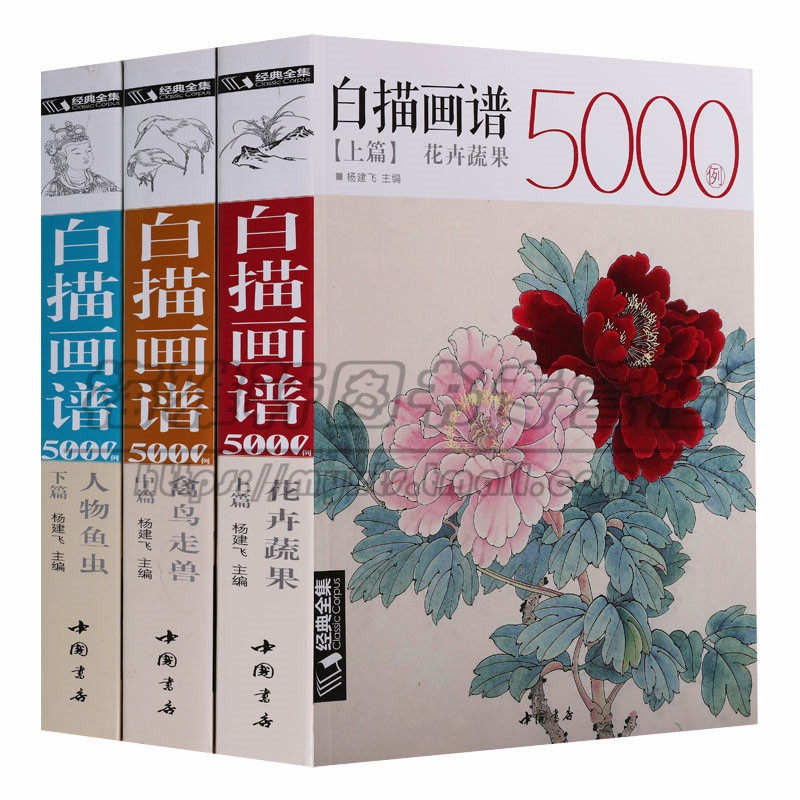 正版 经典全集系列丛书(上中下)白描画谱5000例(16开)线描画谱花卉蔬果禽鸟走兽人物鱼虫白描花卉画 固画技法艺术绘画中国书店图书