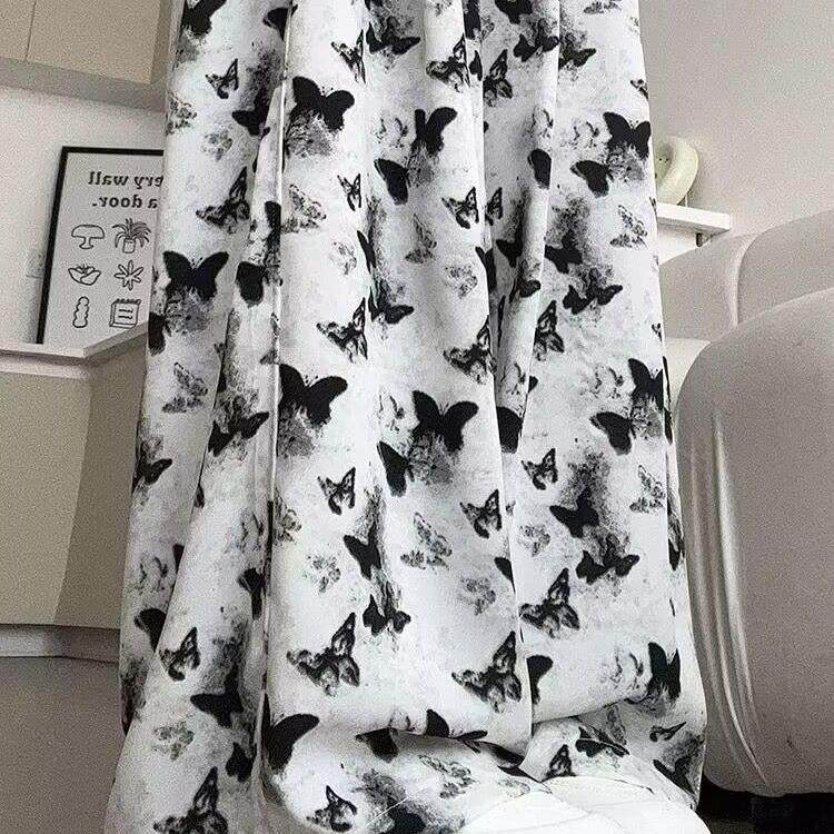 水墨蝴蝶直筒裤女夏季2025新款薄款高腰直筒垂感冰丝扎染阔腿长裤