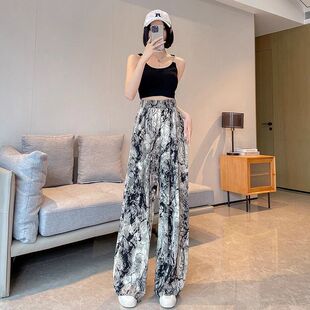 雪纺阔腿裤女夏季薄款水墨印花扎染薄款透气休闲凉凉条纹直筒长裤