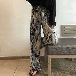 水墨画扎染阔腿裤女夏季薄款高腰垂感直筒休闲雪纺拖地防晒长裤女