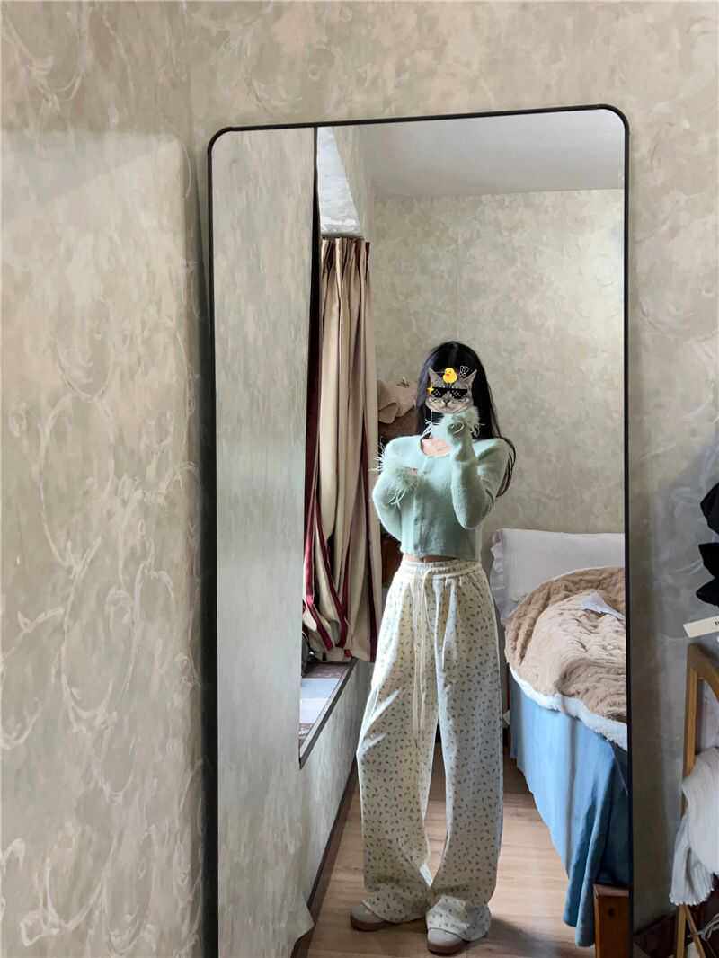 碎花白色运动裤女春夏季直筒休闲阔腿裤小个子美式卫裤冰丝阔腿裤