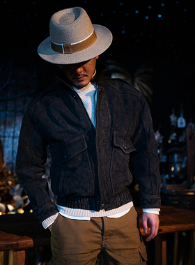 莫臣男装复古蓝灰色牛皮真皮皮衣翻领休闲短款秋冬加棉夹克AN2407