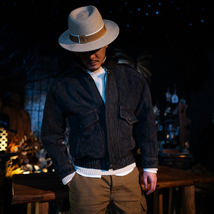 莫臣男装 秋冬加棉夹克AN2407 复古蓝灰色牛皮真皮皮衣翻领休闲短款