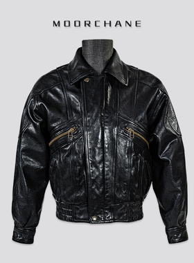 莫臣男士复古港风做旧马皮皮衣黑色翻领休闲短款机车皮夹克979