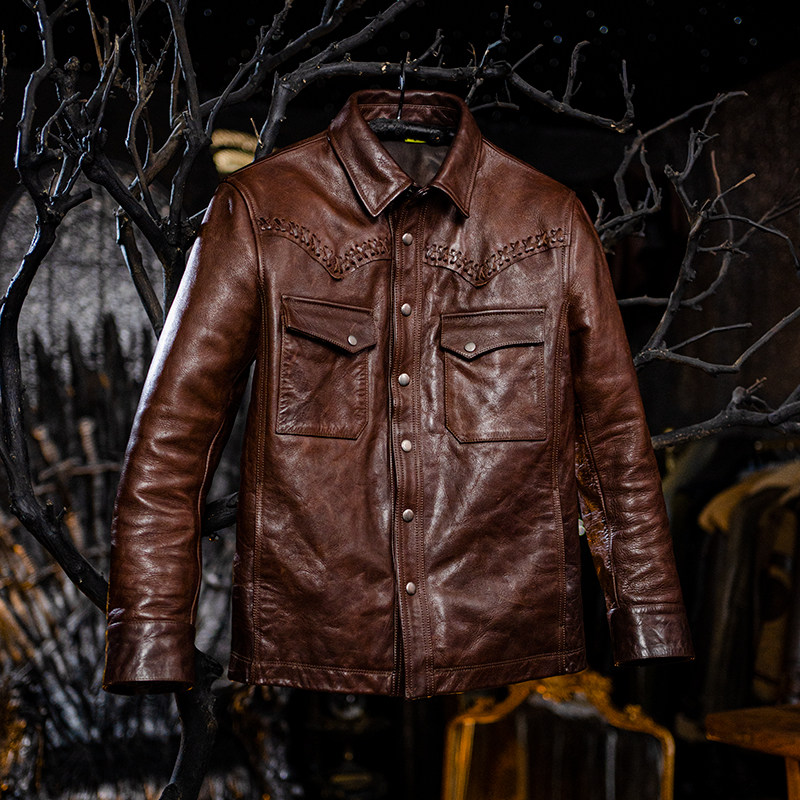 莫臣男装真皮衬衫油蜡牛皮翻领男士短款机车皮夹克休闲外套L717