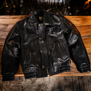 莫臣男装 黑色港风复古做旧翻领牛皮皮衣休闲加棉保暖夹克G946