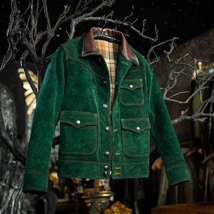 莫臣新款男士真皮皮衣复古做旧老钱风翡翠绿反绒牛皮夹克FRL2472