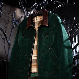 莫臣男装真皮皮衣翡翠绿牛皮反绒皮衣 复古休闲秋冬男士皮衣F062