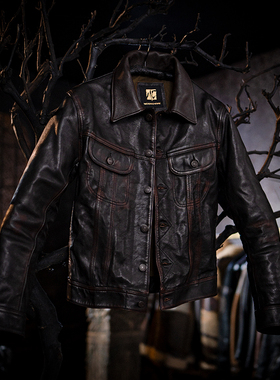 莫臣男装鹿皮翻领牛仔款红茶芯马皮皮衣男外套男士真皮春秋2270